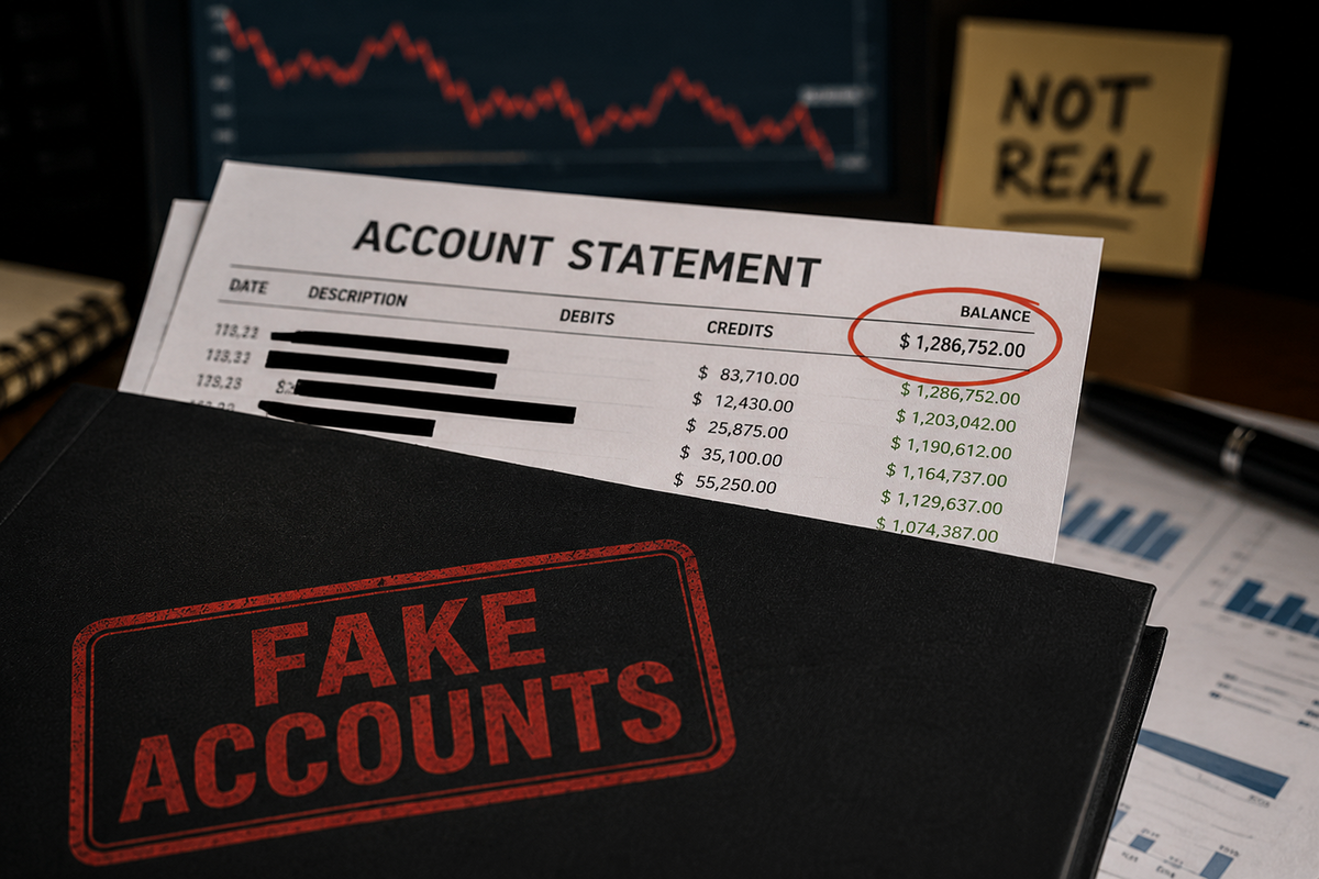Warning graphic illustrating fake account statements and investment fraud allegations involving adviser John Sterling Myers.