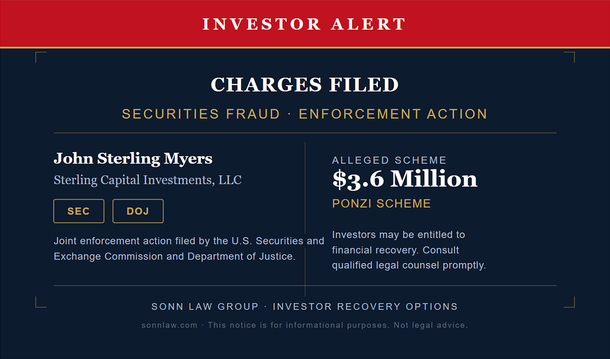 John Sterling Myers and Sterling Capital Investments charged by the SEC and DOJ in alleged $3.6 million Ponzi scheme