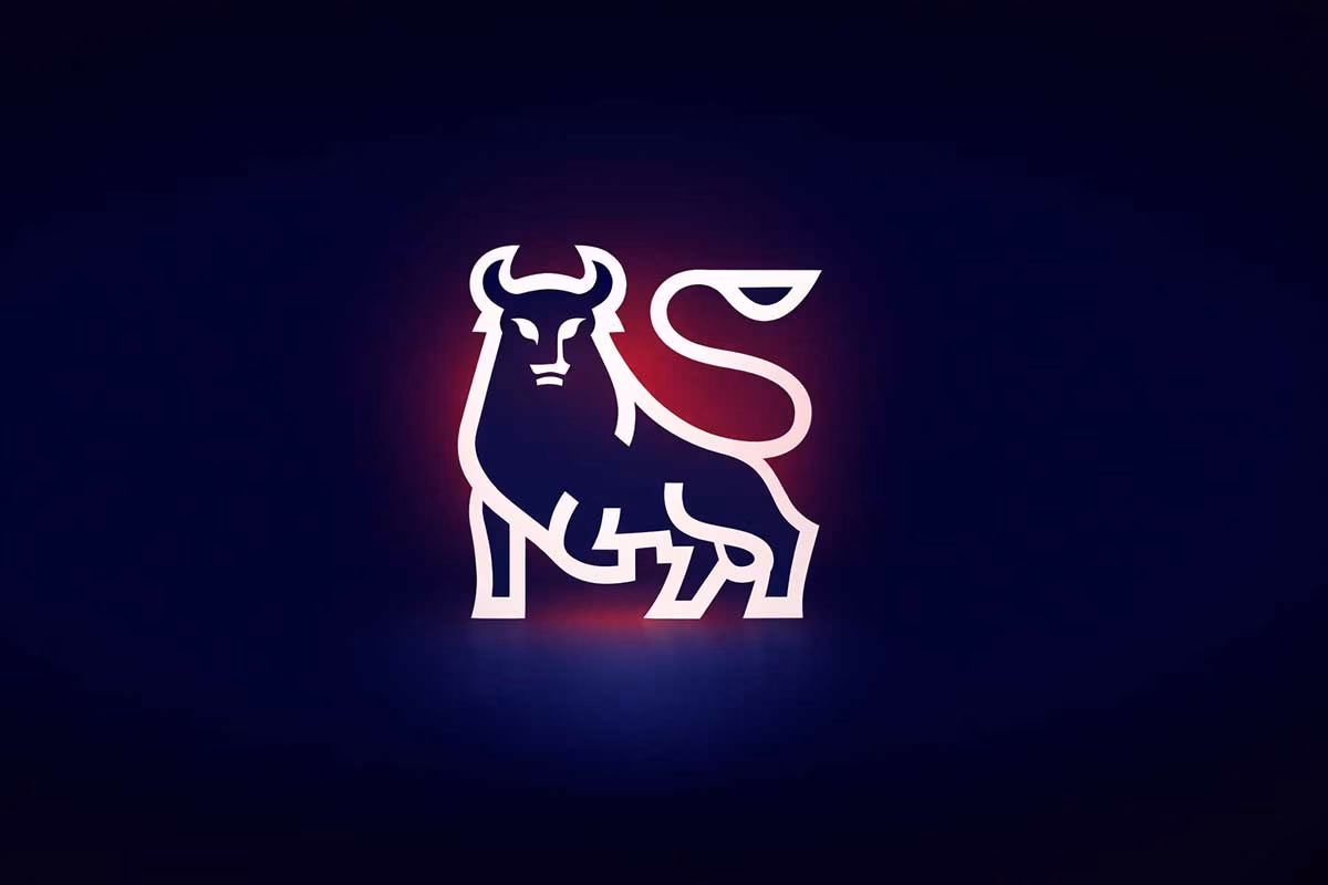 Centered Merrill Lynch bull logo on a dramatic navy blue gradient background, no text