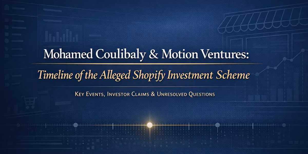 Timeline of reported allegations involving Mohamed Coulibaly, Motion Ventures, and Shopify store investment claims